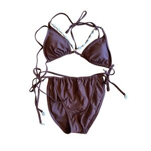 Wild Fable Brown Cowrie Shell Triangle String Bikini Set High Cut Side Tie Large